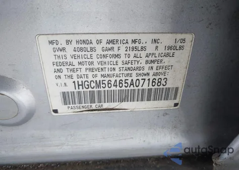 2005 Honda Accord 2.4 Lx z USA, uszkodzony, nr VIN 1HGCM56465A071683